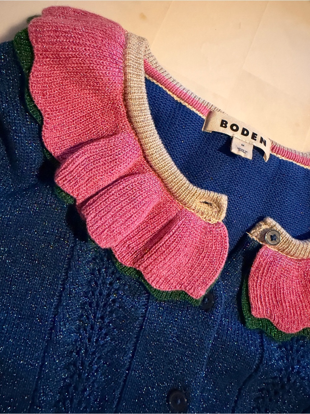 Boden / Ruffled Collar Blue Cardigan with Pink Accent - Picture 4 of 9